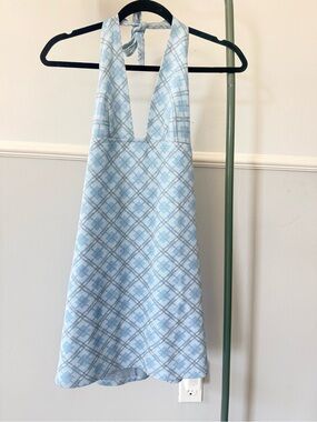 Vintage Backless Halter Mini Dress in Light Blue Plaid